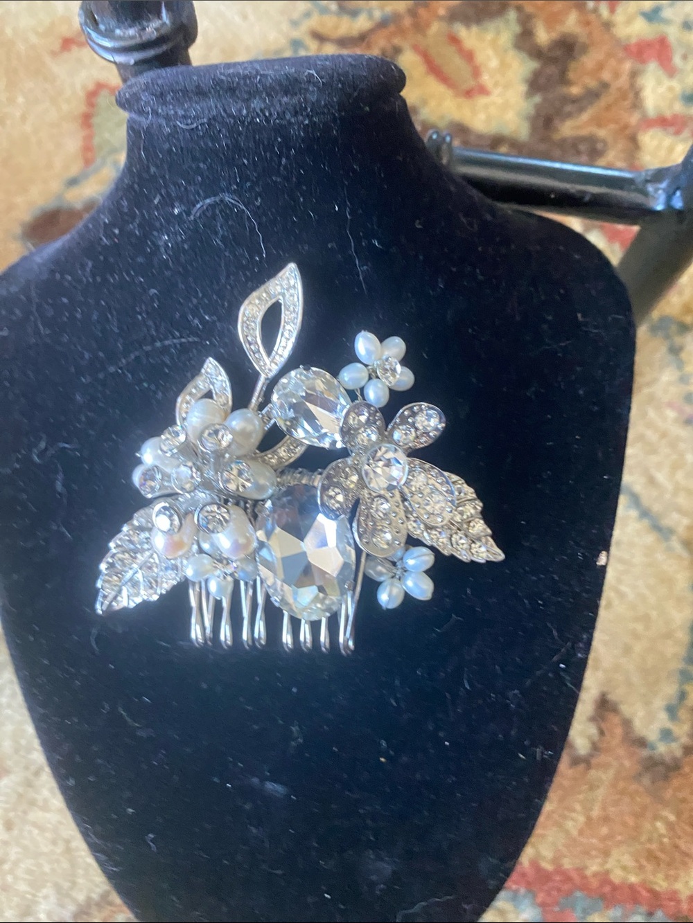 Crystal & Pearl Floral Hair Comb - Silver Tone